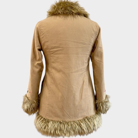 Vintage 90's H&M Tan Faux Suede Embroidered Faux Fur Jacket Coat Size 9/10Y - Picture 6 of 12